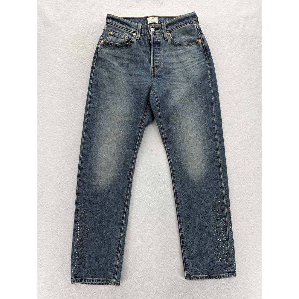 Levis 501 Curve Jeans Womens 28x30 Blue High Rise Straight Rhinestone Denim Y2K